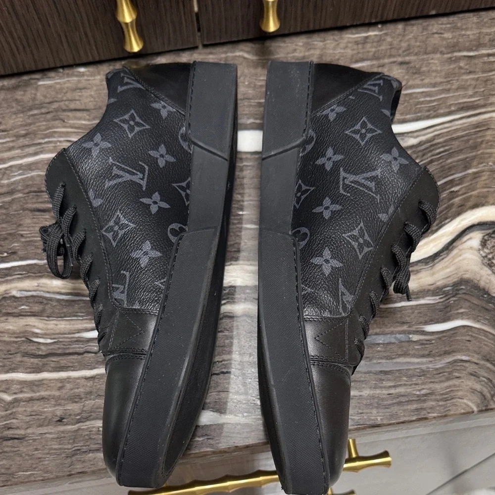 Louis Vuitton Black Leather & Monogram Eclipse Low Top Sneakers Like NEW